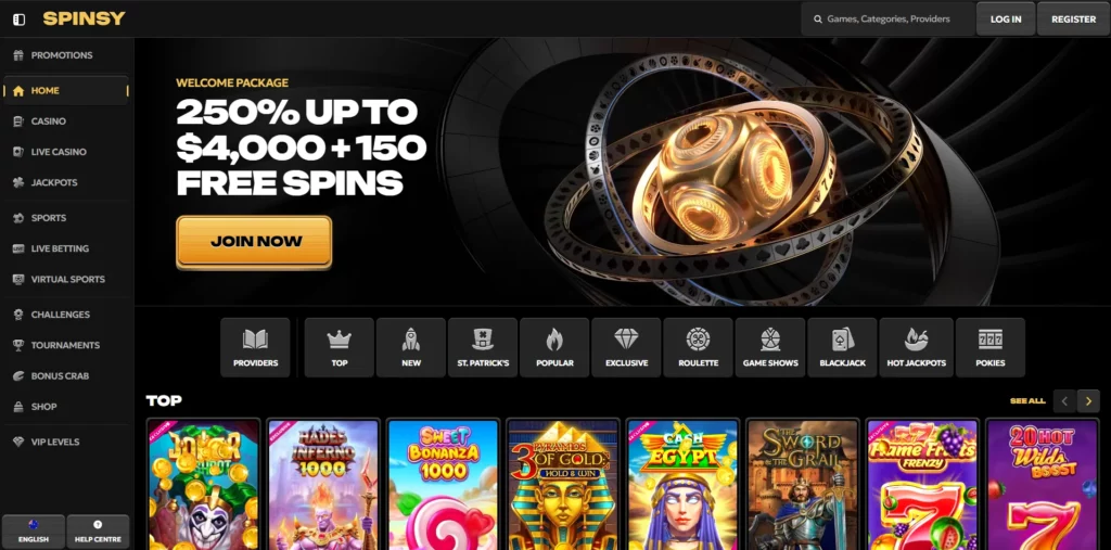 Spinsy Casino Main Page