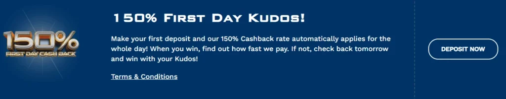 Kudos Casino 150% First Day