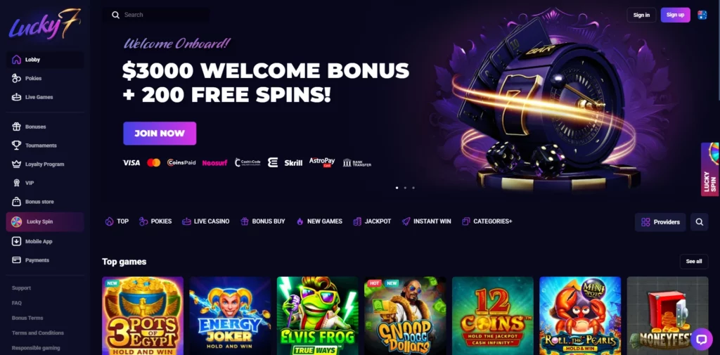 Lucky7even Casino Main Page